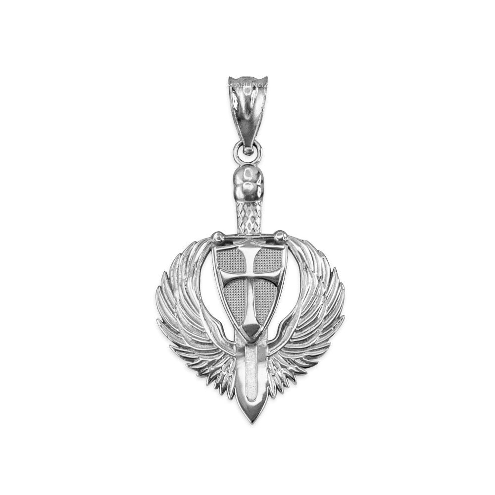 Sterling Silver Crusader Winged Sword and Shield Pendant Necklace Karma Blingz