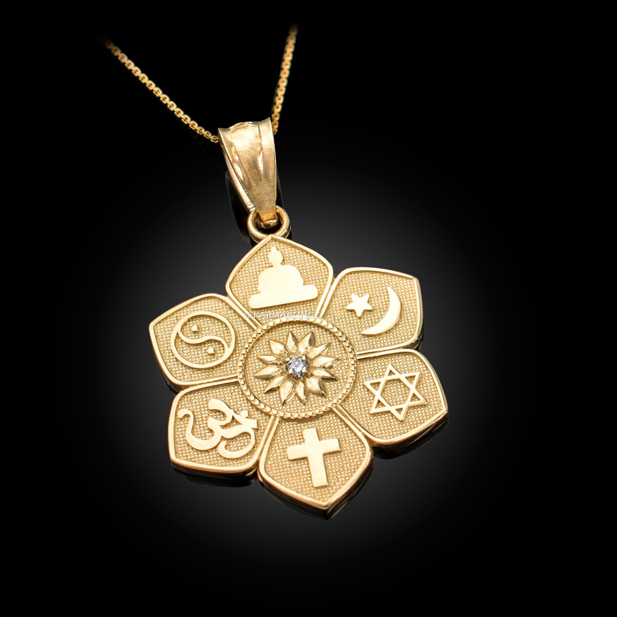 Gold Lotus of Peace Diamond Pendant Necklace (yellow, white, rose gold,  10K, 14K)