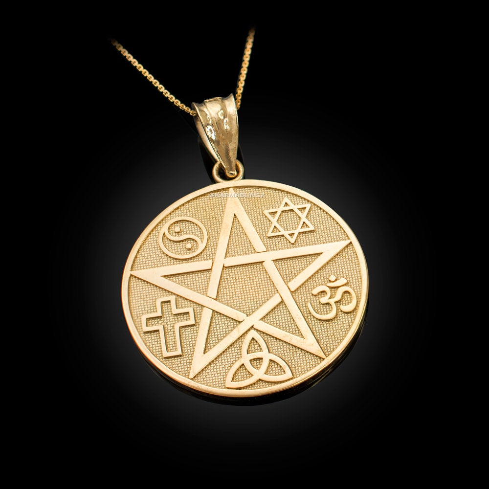 Gold Multicultural Pentacle Medallion Pendant Necklace (10K, 14K