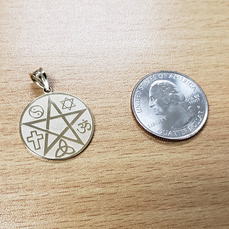 Gold Multicultural Pentacle Medallion Pendant Necklace (10K, 14K, yellow, white, rose gold) Karma Blingz