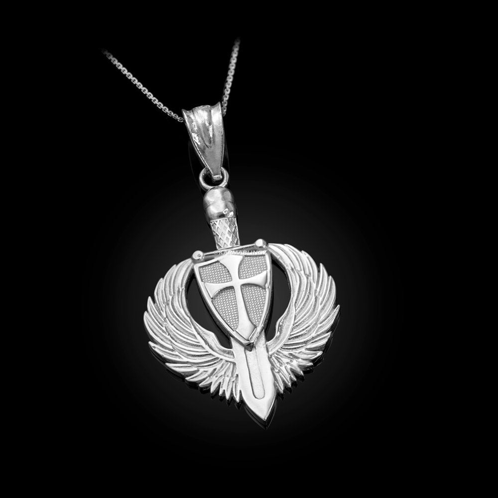 Sterling Silver Crusader Winged Sword and Shield Pendant Necklace Karma Blingz