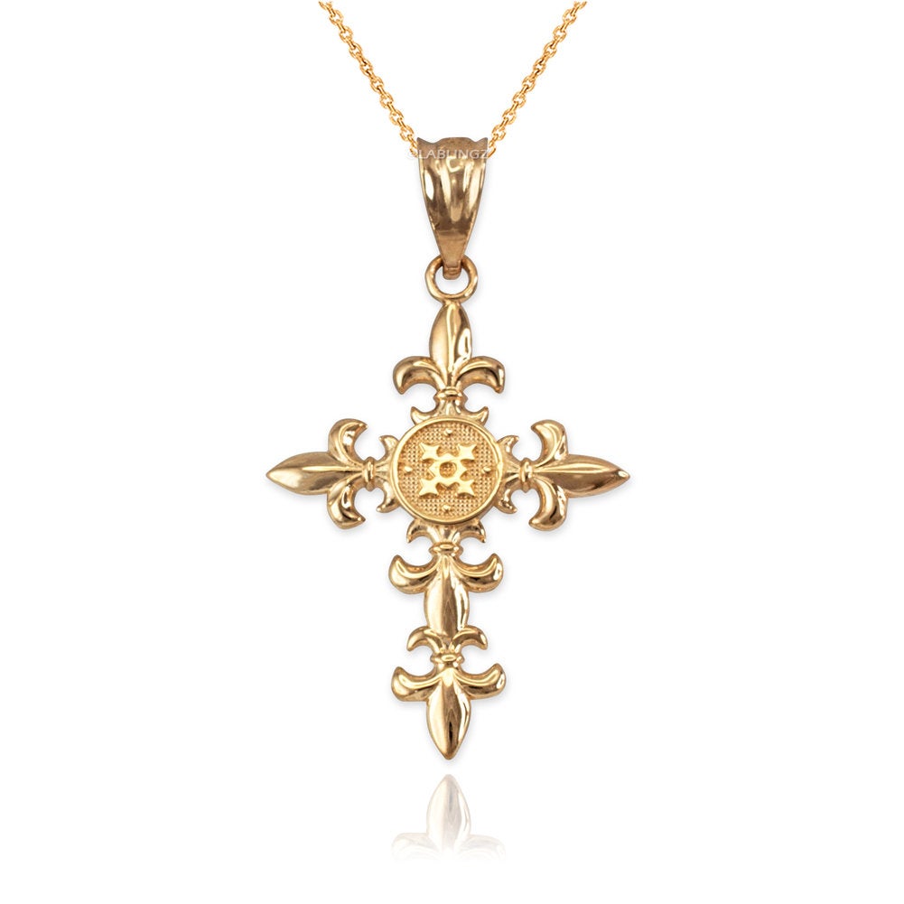 Polished Gold Fleur de Lis Cross Pendant Necklace (10K, 14K, yellow, white, rose gold) Karma Blingz