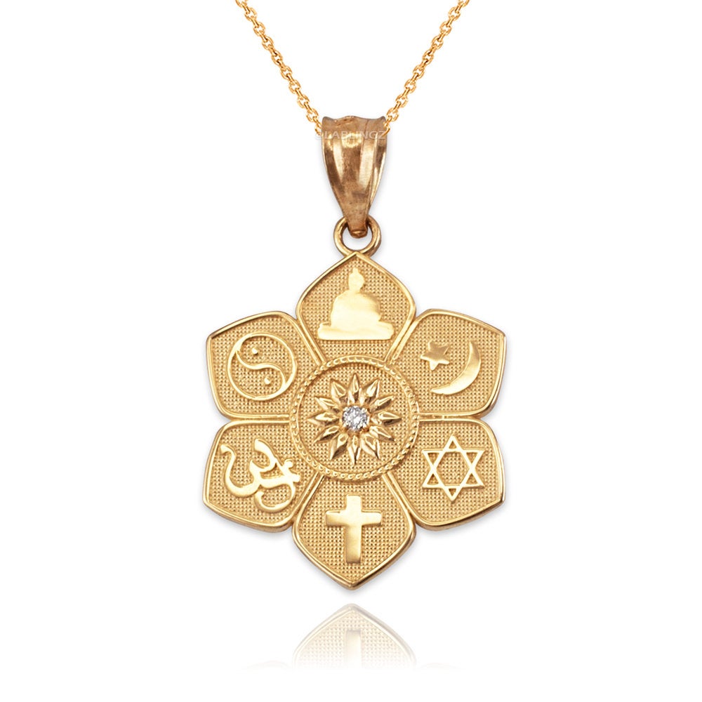 Gold Lotus of Peace Diamond Pendant Necklace (yellow, white, rose gold, 10K, 14K) Karma Blingz