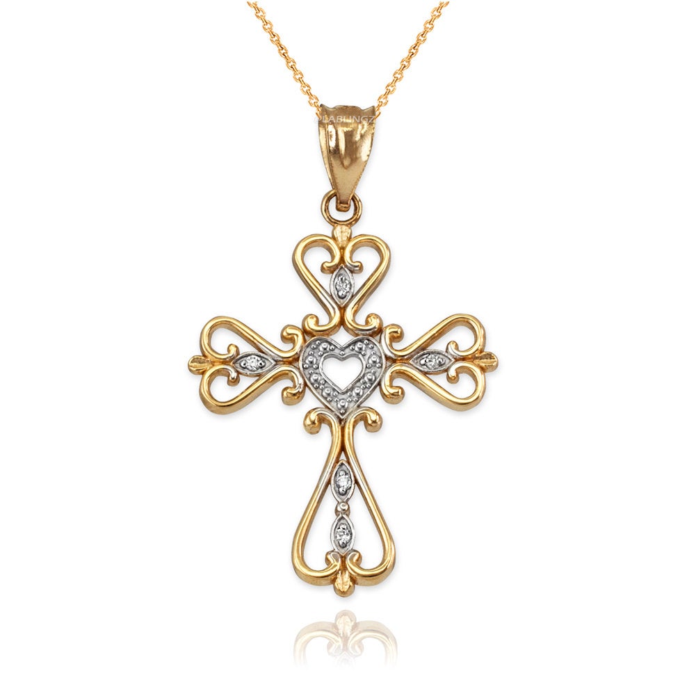 Gold Open Heart Diamond Cross Pendant Necklace (10K, 14K, yellow, white, rose gold) Karma Blingz