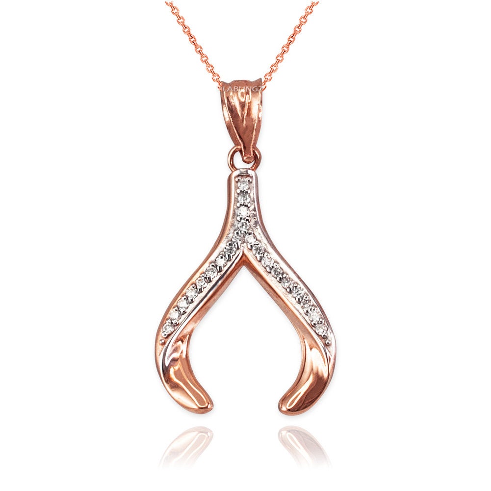 Gold Wishbone Diamond Pendant Necklace (yellow, white, rose gold, 10K, 14K) Karma Blingz