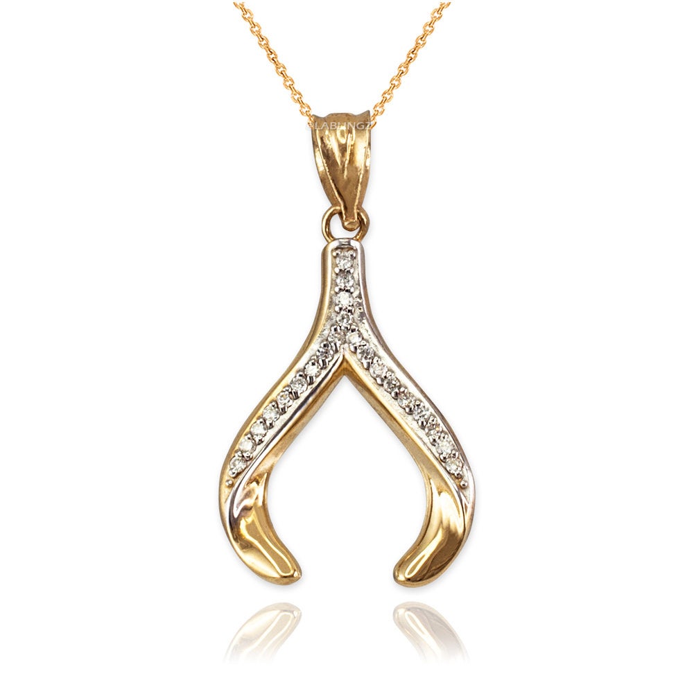 Gold Wishbone Diamond Pendant Necklace (yellow, white, rose gold, 10K, 14K) Karma Blingz
