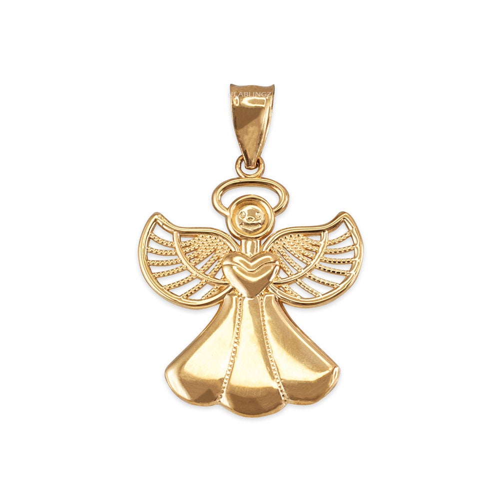 Gold Love Angel Filigree Pendant Necklace (10K, 14K, yellow, white, rose gold) Karma Blingz