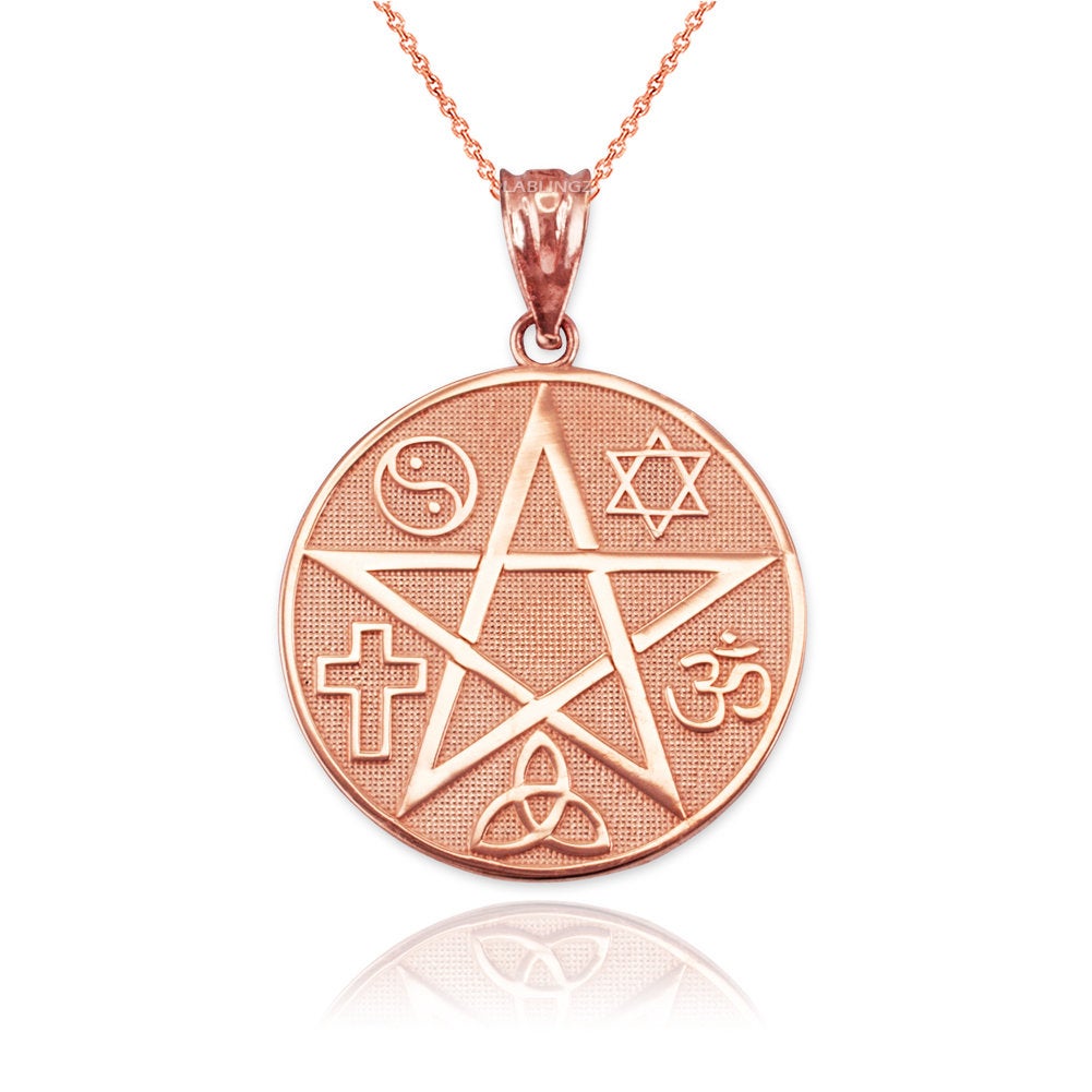 Gold Multicultural Pentacle Medallion Pendant Necklace (10K, 14K, yellow, white, rose gold) Karma Blingz