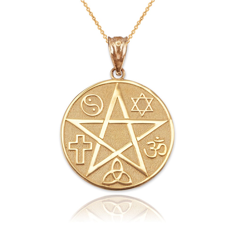 Gold Multicultural Pentacle Medallion Pendant Necklace (10K, 14K, yellow, white, rose gold) Karma Blingz