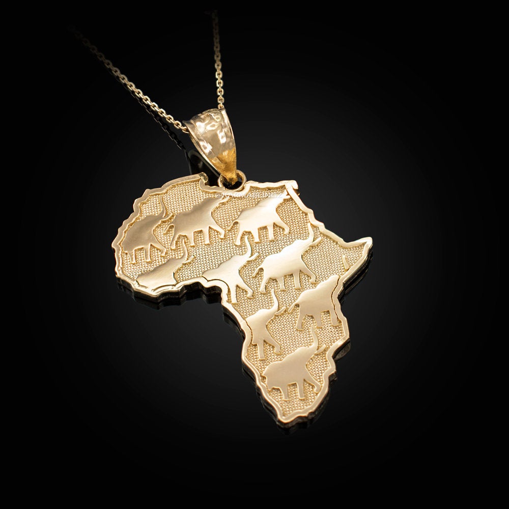 Gold Africa Map African Elephant Pendant Necklace (yellow, white, rose gold, 10K, 14K) Karma Blingz