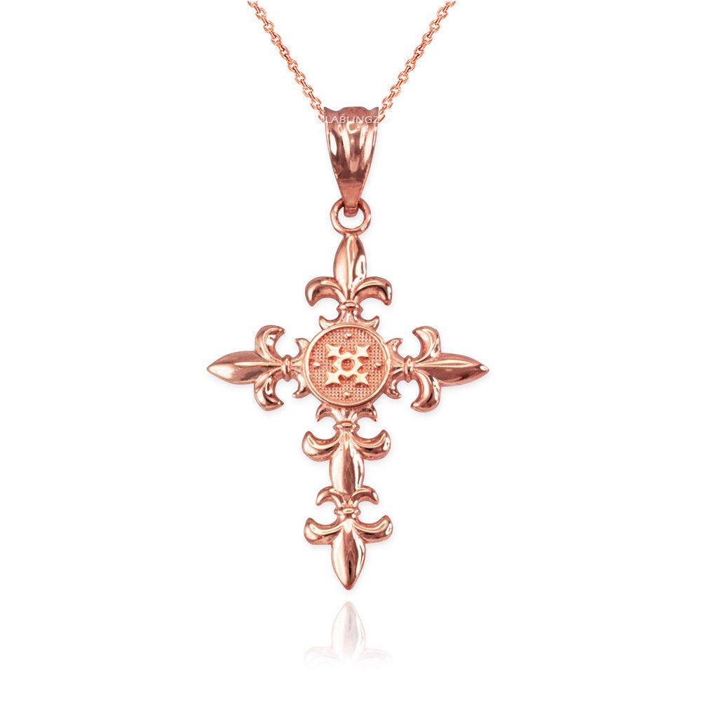 Polished Gold Fleur de Lis Cross Pendant Necklace (10K, 14K, yellow, white, rose gold) Karma Blingz