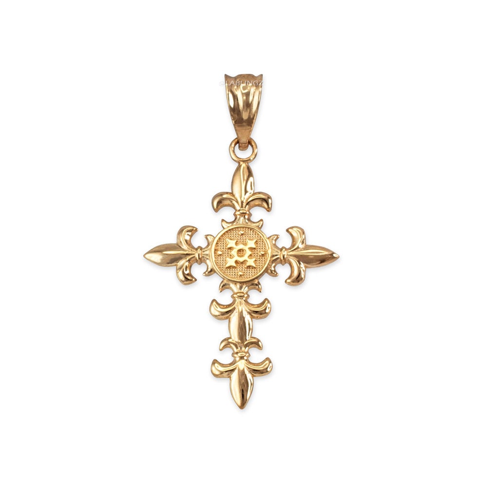 Polished Gold Fleur de Lis Cross Pendant Necklace (10K, 14K, yellow, white, rose gold) Karma Blingz