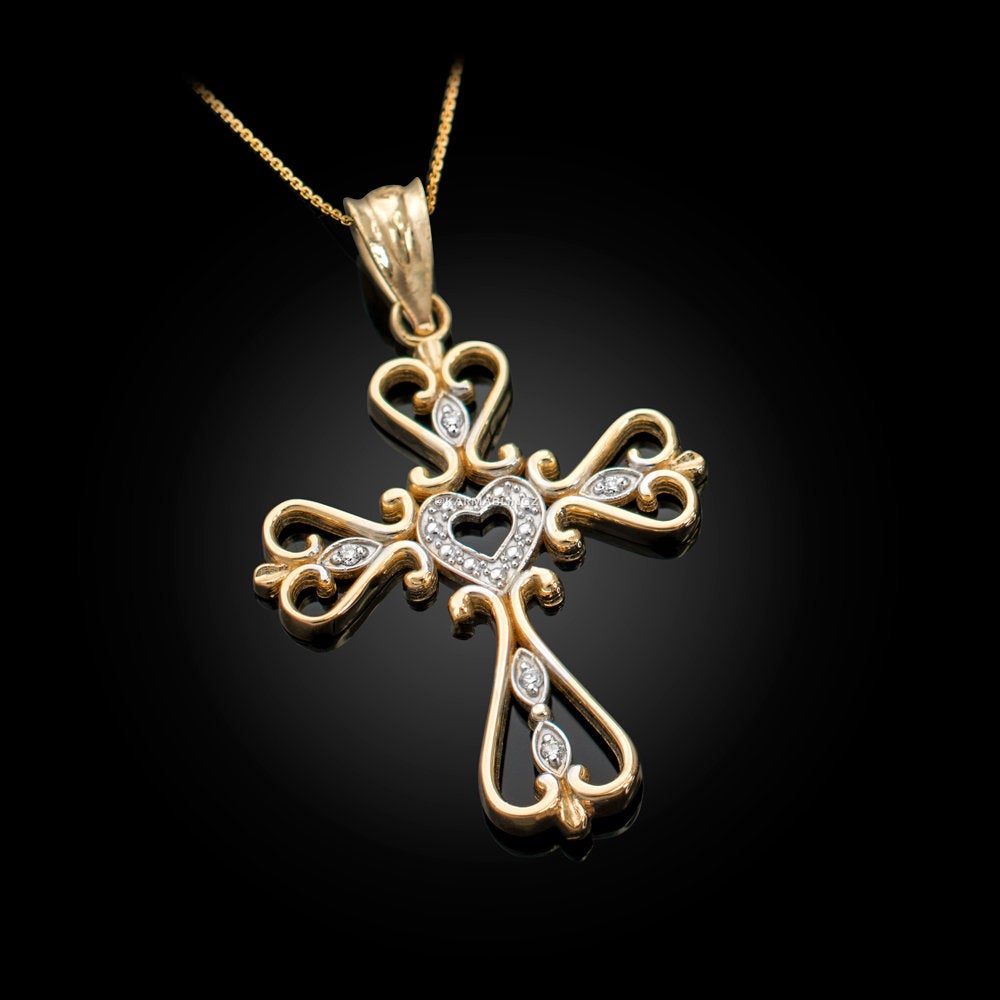 Gold Open Heart Diamond Cross Pendant Necklace (10K, 14K, yellow, white, rose gold) Karma Blingz