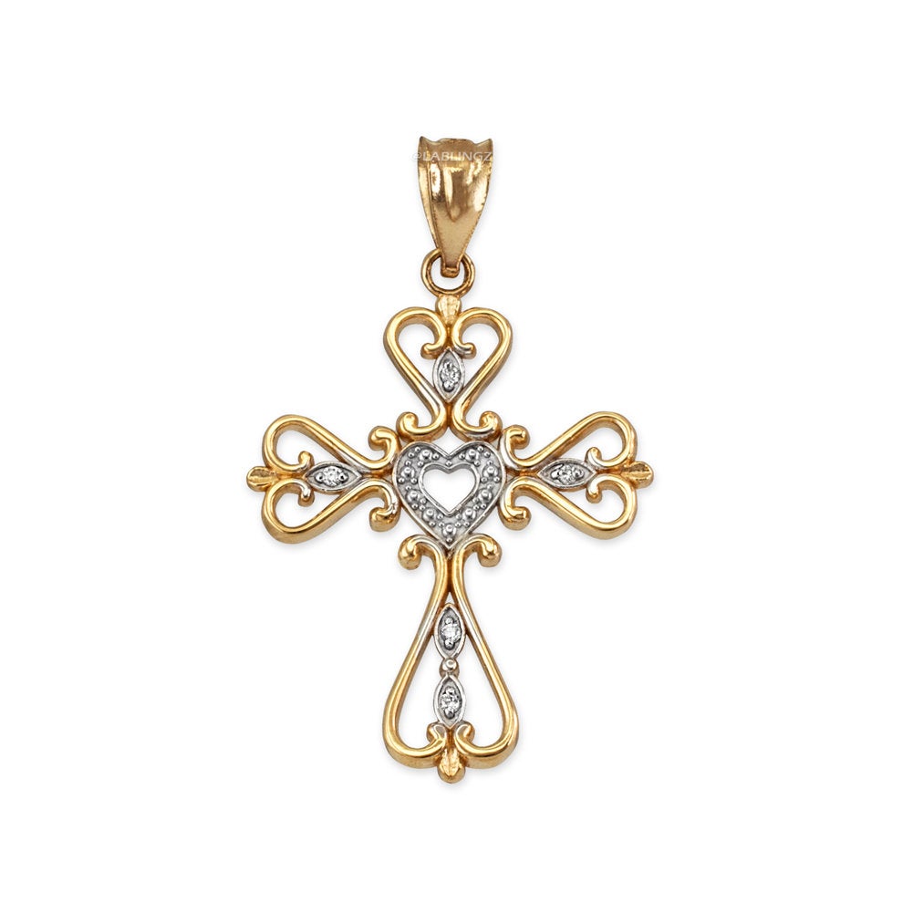 Gold Open Heart Diamond Cross Pendant Necklace (10K, 14K, yellow, white, rose gold) Karma Blingz
