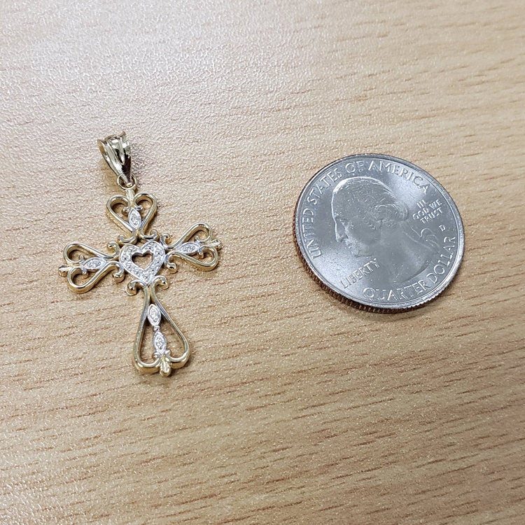 Gold Open Heart Diamond Cross Pendant Necklace (10K, 14K, yellow, white, rose gold) Karma Blingz
