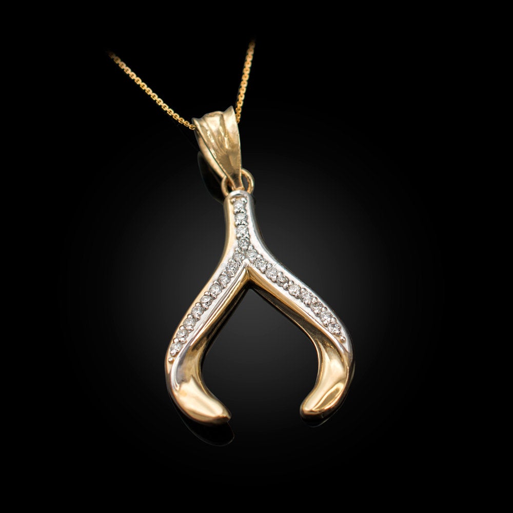 Gold Wishbone Diamond Pendant Necklace (yellow, white, rose gold, 10K, 14K) Karma Blingz