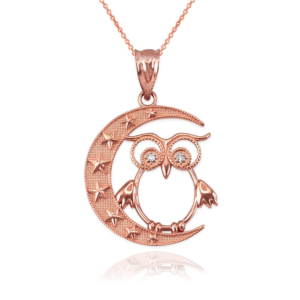 Diamond Night Owl Gold Pendant Necklace (yellow, white, rose gold, 10K, 14K) Karma Blingz