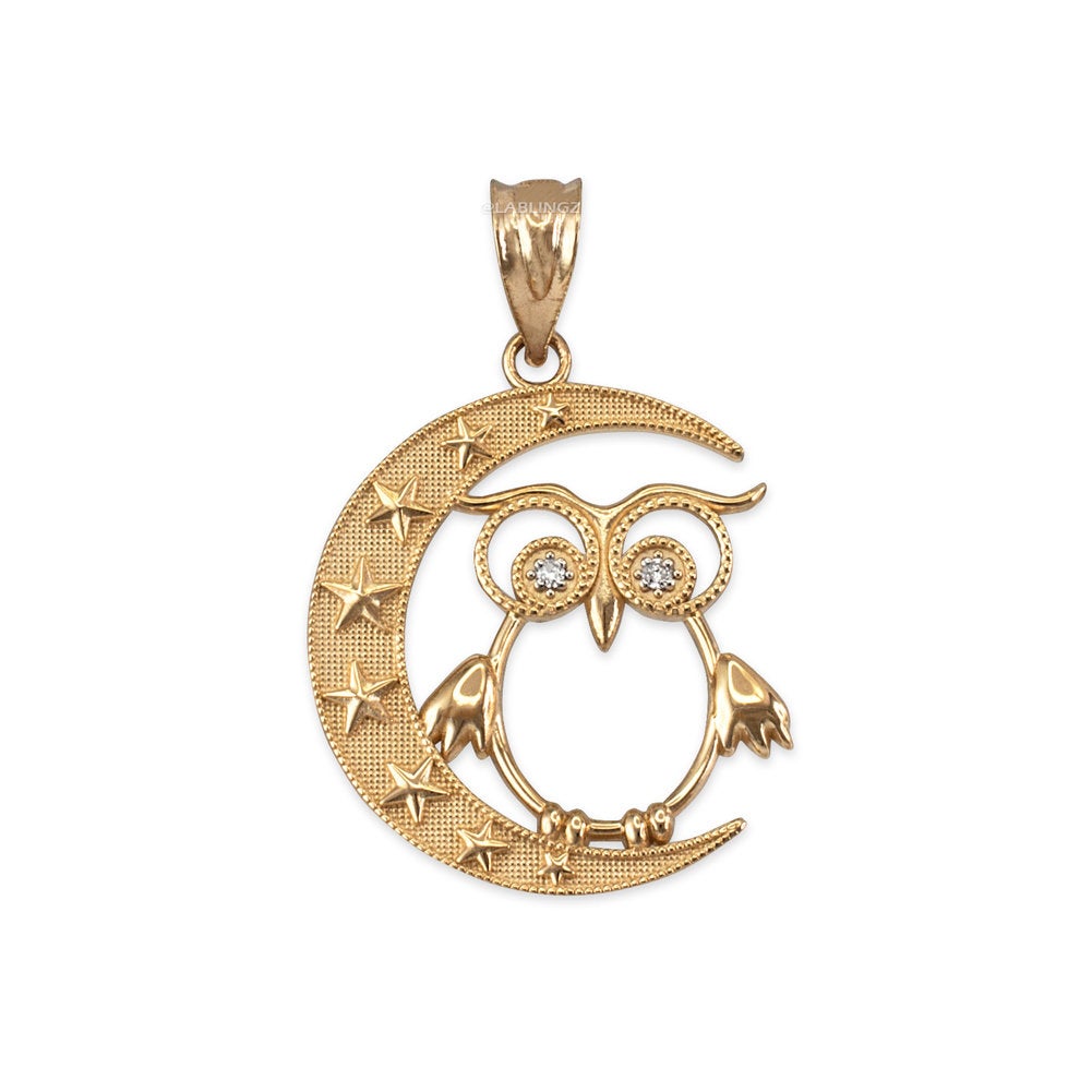 Diamond Night Owl Gold Pendant Necklace (yellow, white, rose gold, 10K, 14K) Karma Blingz