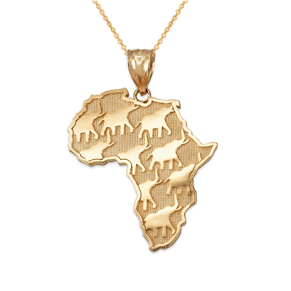 Gold Africa Map African Elephant Pendant Necklace (yellow, white, rose gold, 10K, 14K) Karma Blingz