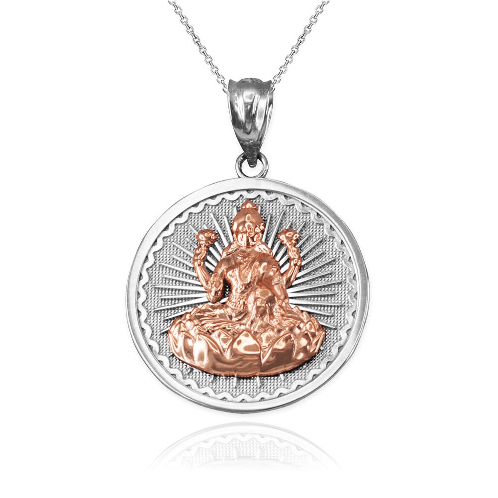 Gold Hindu Goddess Lakshmi (Luxmi) Coin Pendant Necklace (yellow, white, rose, 2-tone, 10K, 14K) Karma Blingz