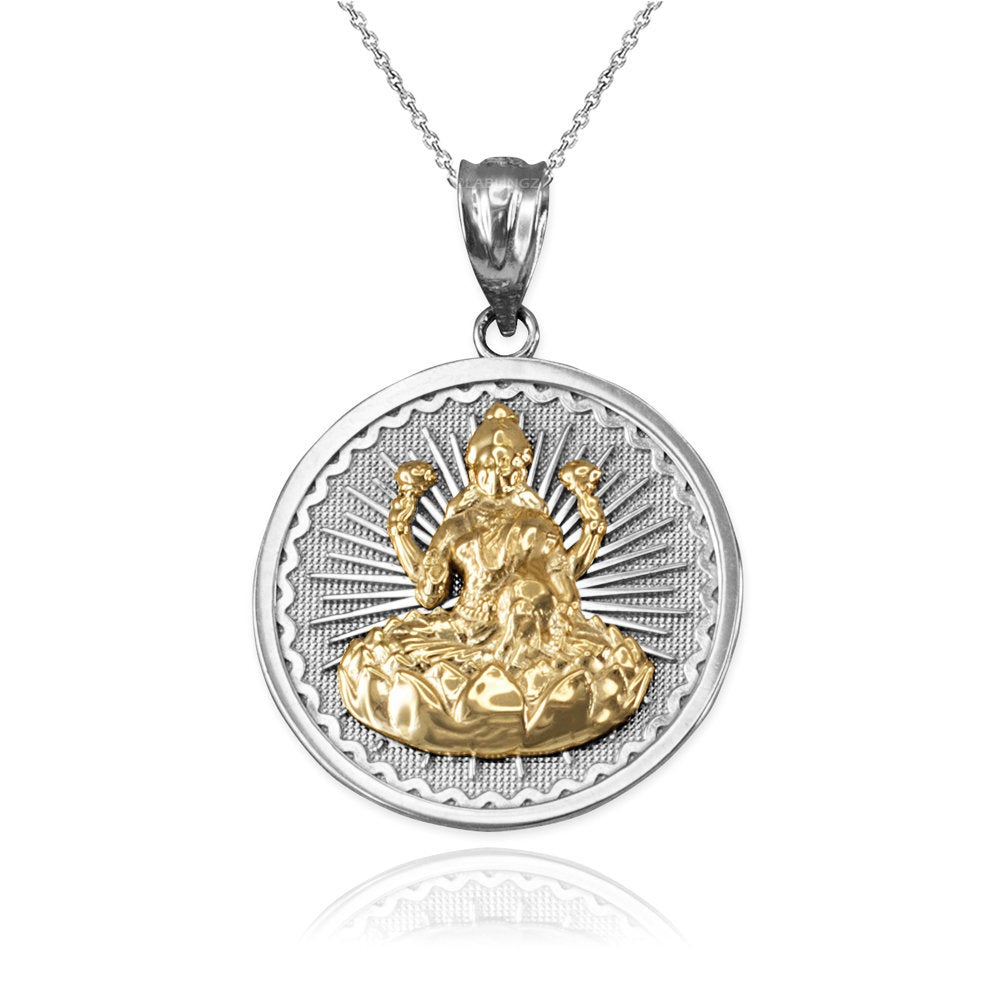 Gold Hindu Goddess Lakshmi (Luxmi) Coin Pendant Necklace (yellow, white, rose, 2-tone, 10K, 14K) Karma Blingz