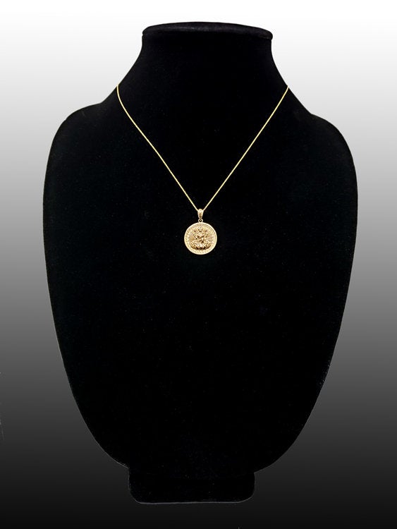 Gold Hindu Goddess Lakshmi (Luxmi) Coin Pendant Necklace (yellow, white, rose, 2-tone, 10K, 14K) Karma Blingz