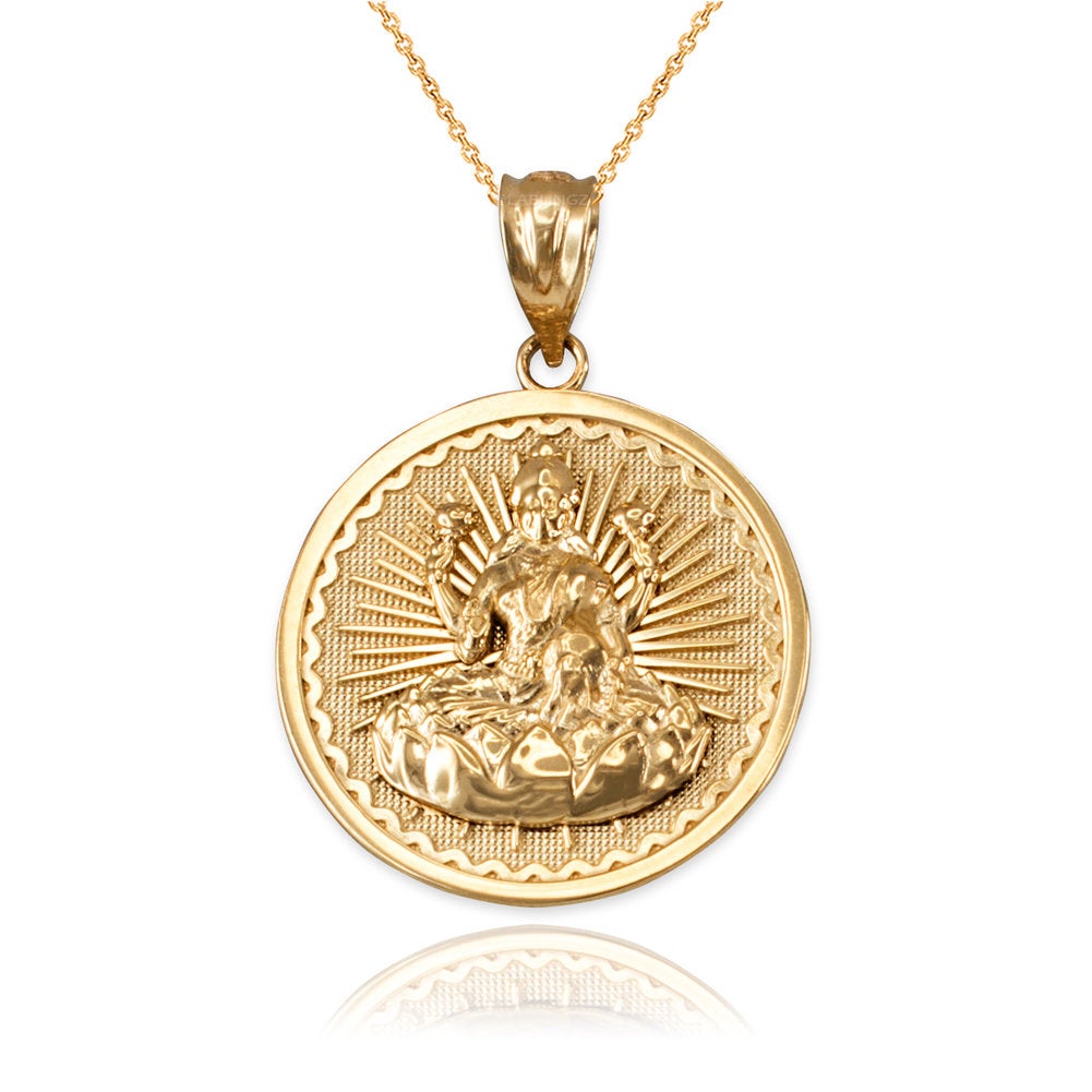 Gold Hindu Goddess Lakshmi (Luxmi) Coin Pendant Necklace (yellow, white, rose, 2-tone, 10K, 14K) Karma Blingz