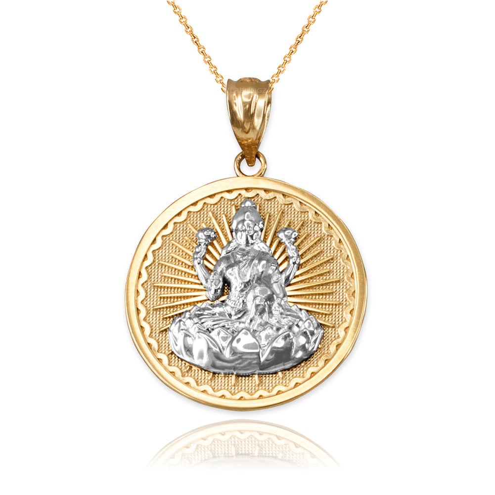 Gold Hindu Goddess Lakshmi (Luxmi) Coin Pendant Necklace (yellow, white, rose, 2-tone, 10K, 14K) Karma Blingz