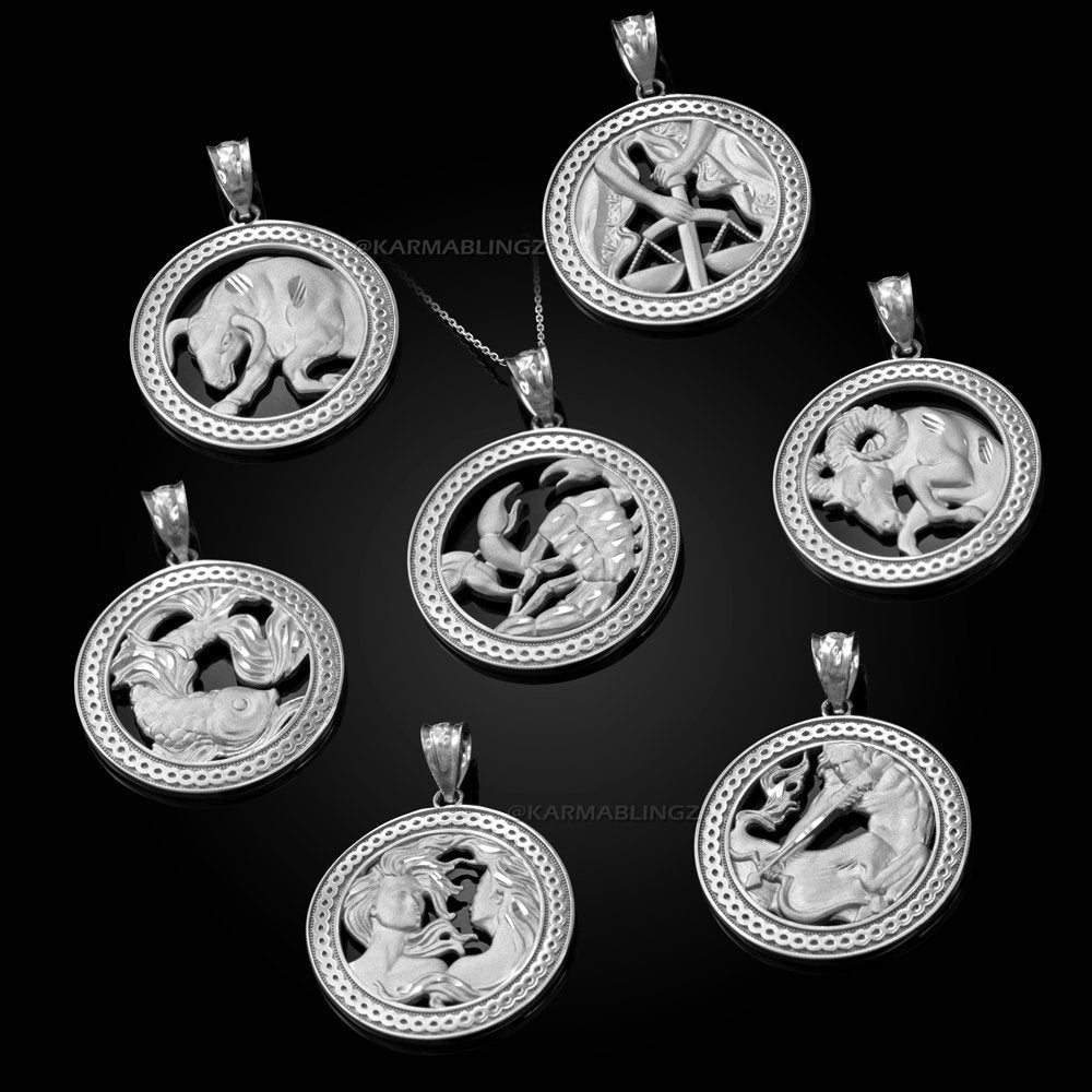 Sterling Silver Zodiac Open Medallion Satin DC Pendant Necklace Karma Blingz