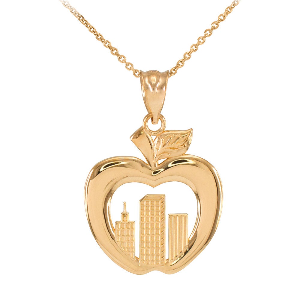 Gold New York City Big Apple Pendant Necklace (14K, 10K, yellow, white, rose gold) Karma Blingz
