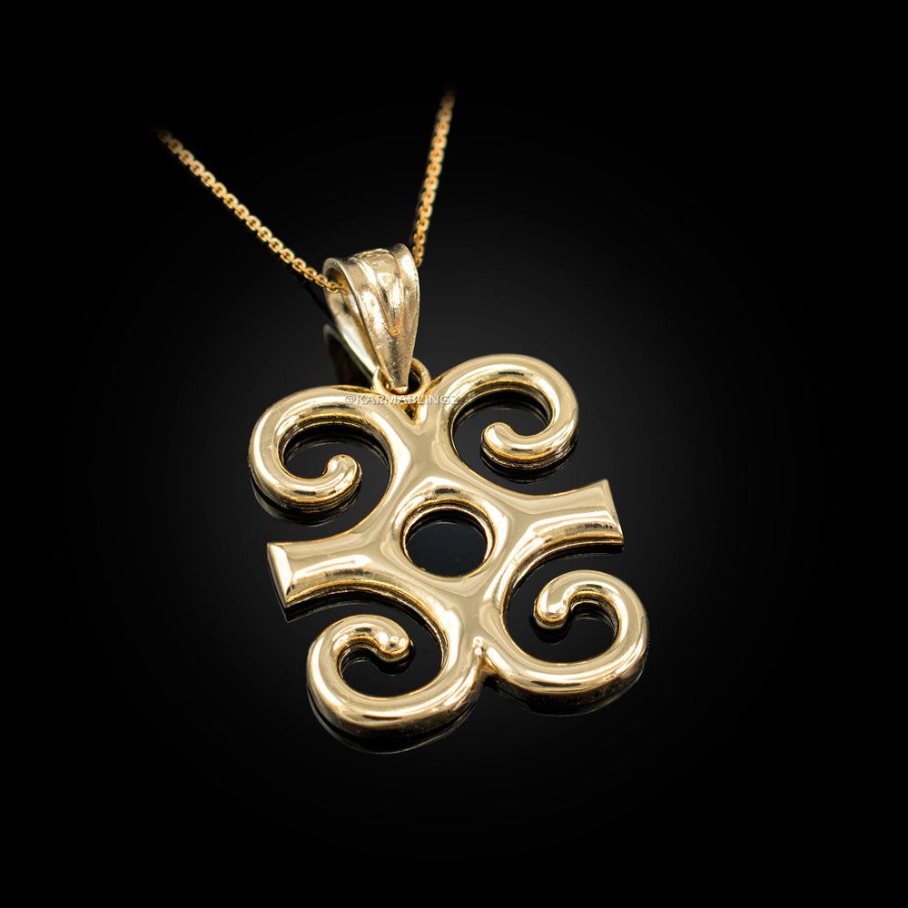 Gold African Adinkra Dwennimmen Pendant Necklace (14K, 10K, yellow, white, rose gold) Karma Blingz