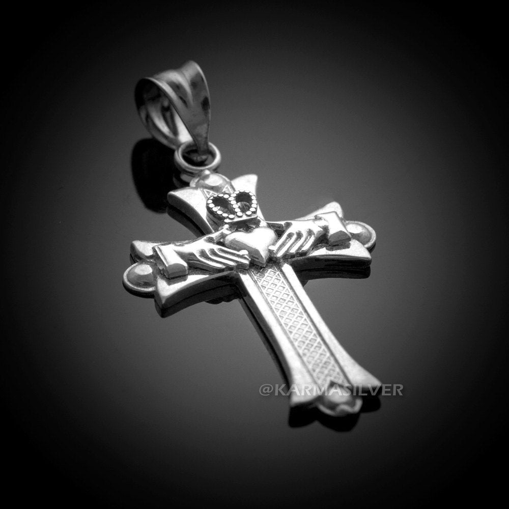 Silver Claddagh Cross Pendant Necklace .925 Sterling Silver Irish Claddagh Cross Charm Karma Blingz