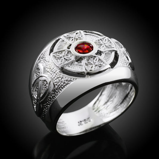 Sterling Silver Ruby Red CZ July Birthstone Mens Celtic Ring Karma Blingz