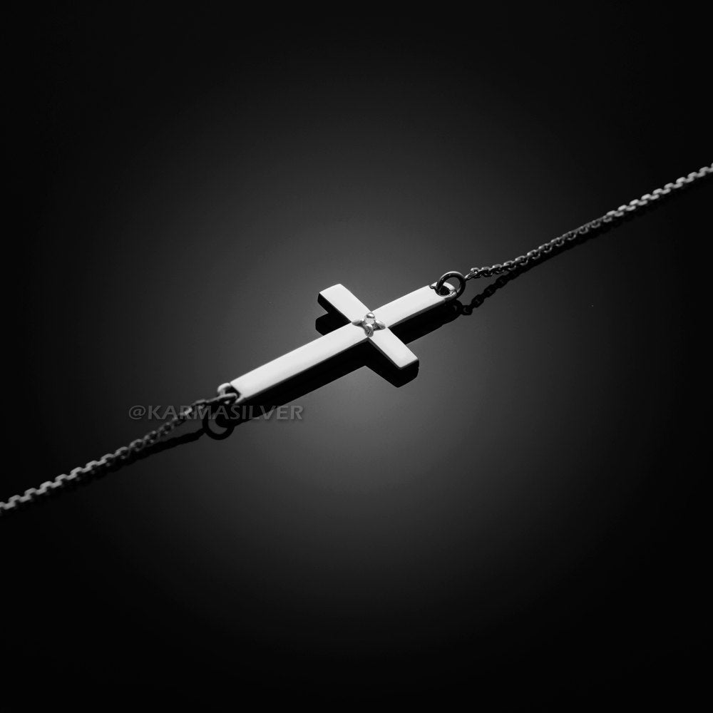 Silver Diamond Cross Bracelet .925 Sterling Silver Small Sideways Cross Diamond Bracelet Karma Blingz