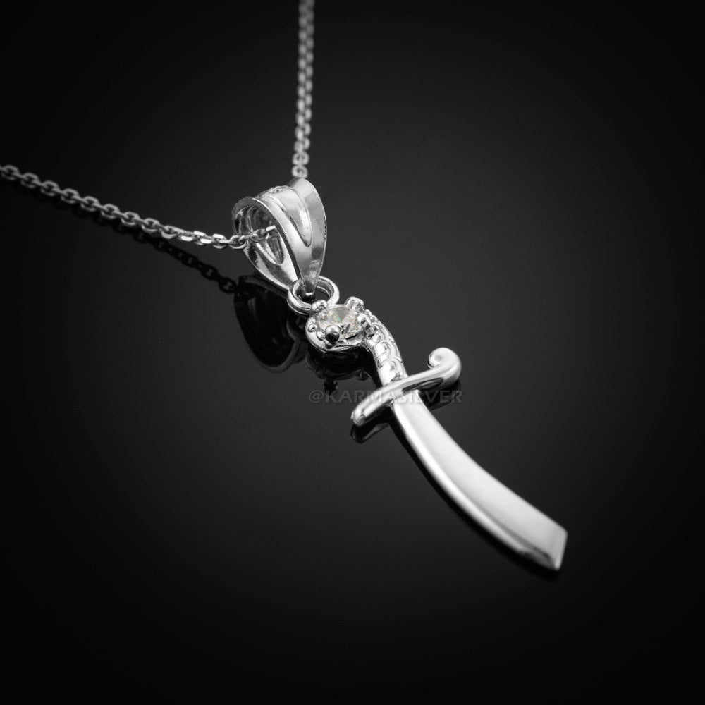 Sterling Silver Islamic Scimitar Sword CZ Pendant Necklace Karma Blingz