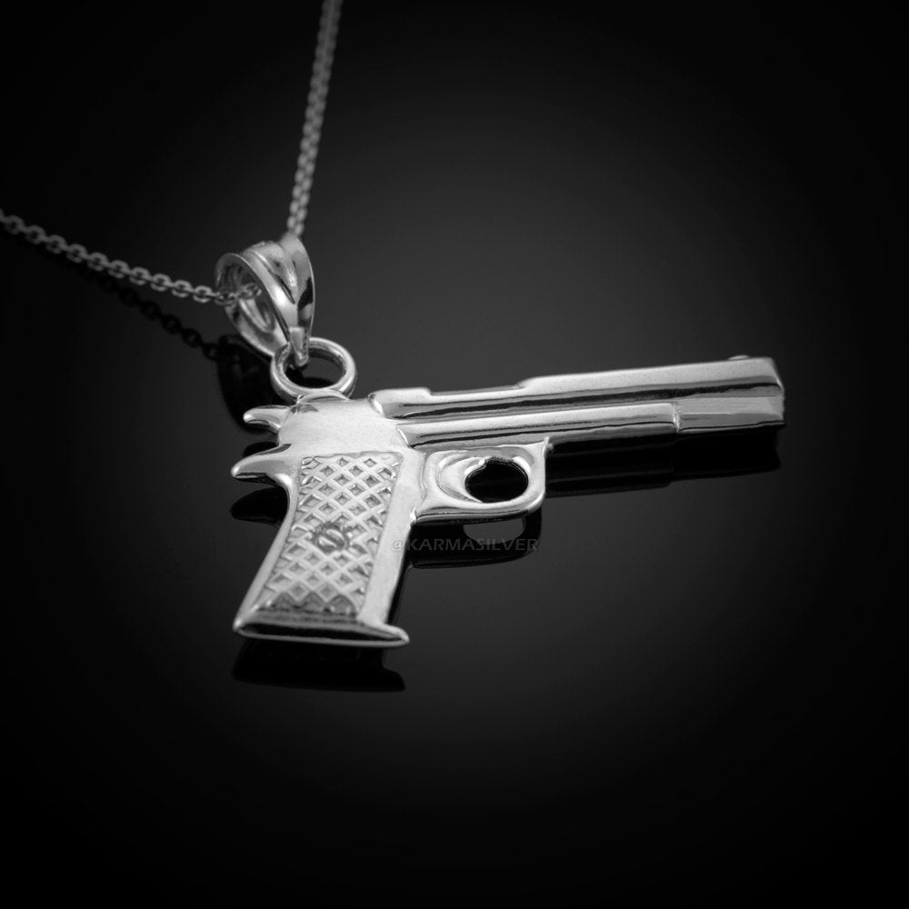 Sterling Silver Pistol Gun Pendant Necklace Karma Blingz
