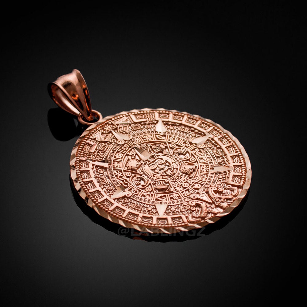 10K Gold Aztec Mayan Sun Calendar Pendant (3 sizes, yellow, white, rose gold) Karma Blingz