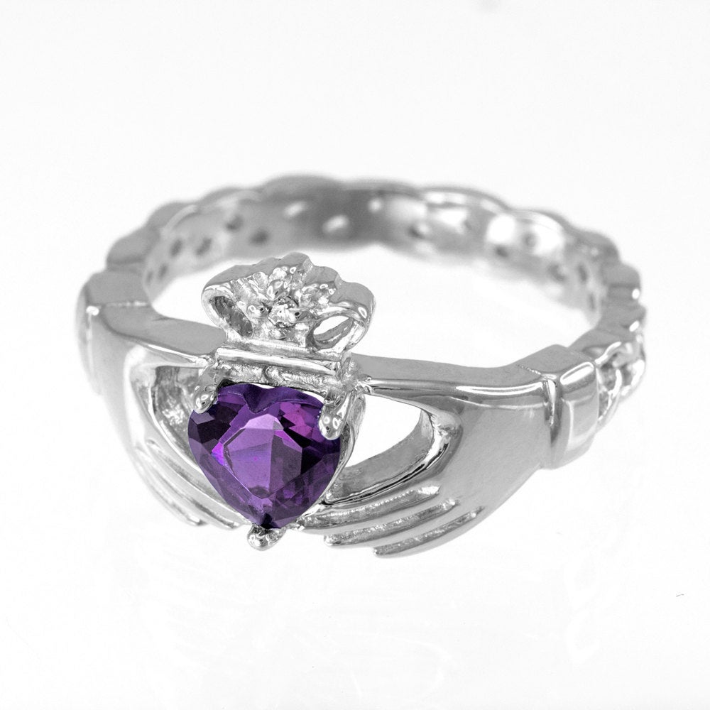 White Gold Irish Claddagh Ring - Amethyst Purple CZ Birthstone Diamond Ring - Celtic Band Claddagh Ring Karma Blingz