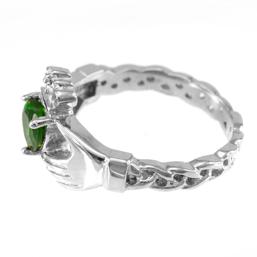 White Gold Irish Claddagh Ring - Emerald Green CZ Heart Birthstone Diamond Ring - Celtic Band Claddagh Ring Karma Blingz