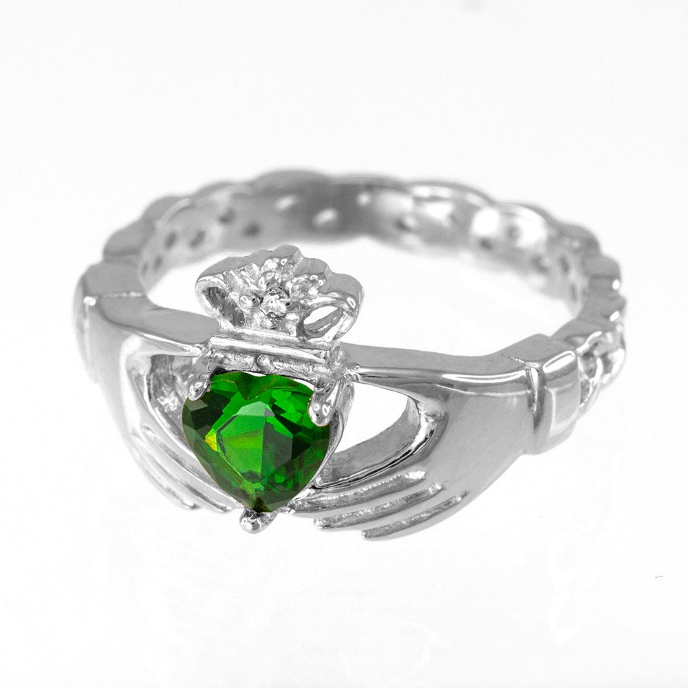 White Gold Irish Claddagh Ring - Emerald Green CZ Heart Birthstone Diamond Ring - Celtic Band Claddagh Ring Karma Blingz