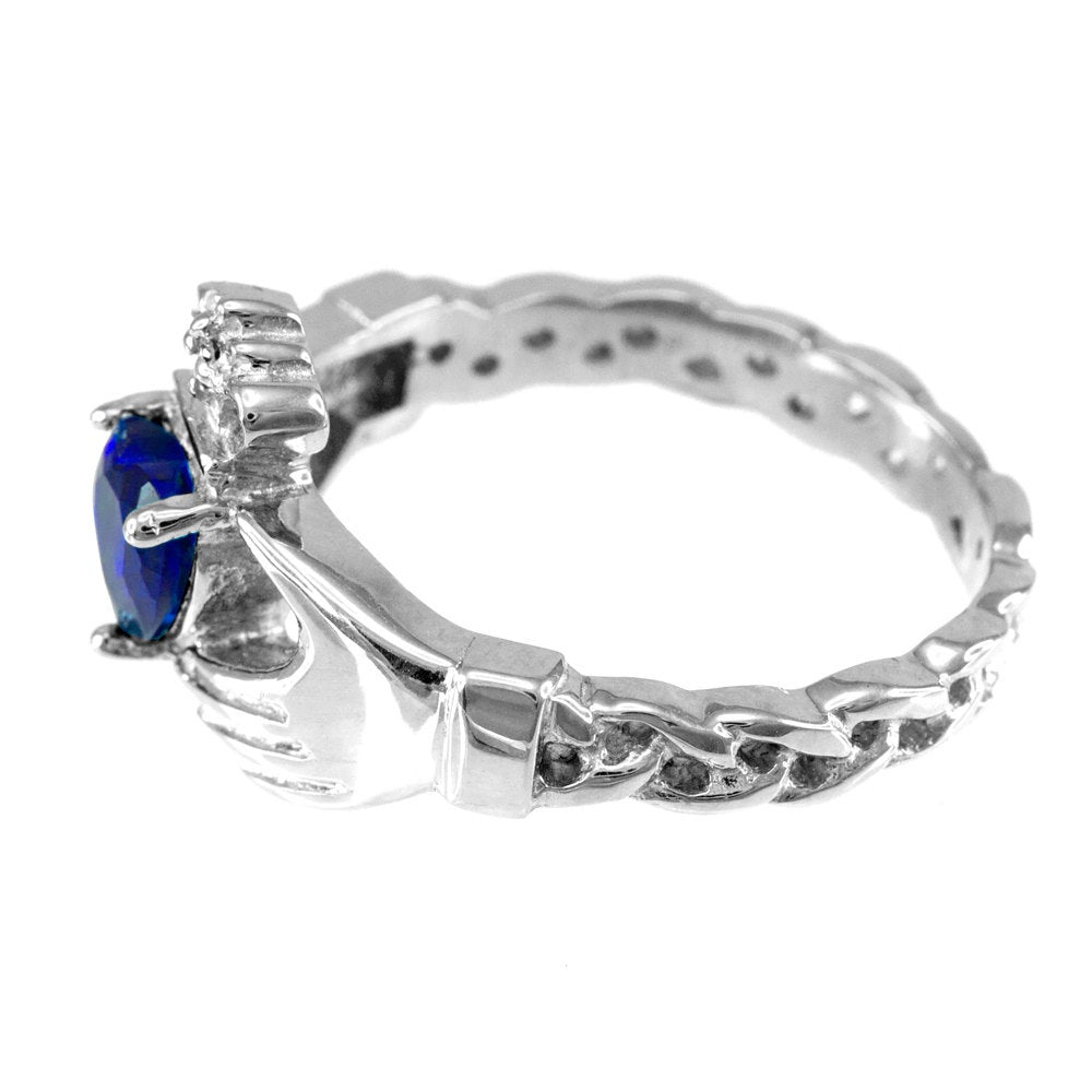 White Gold Irish Claddagh Ring - Blue Sapphire CZ Birthstone Diamond Ring - Celtic Band Claddagh Ring Karma Blingz