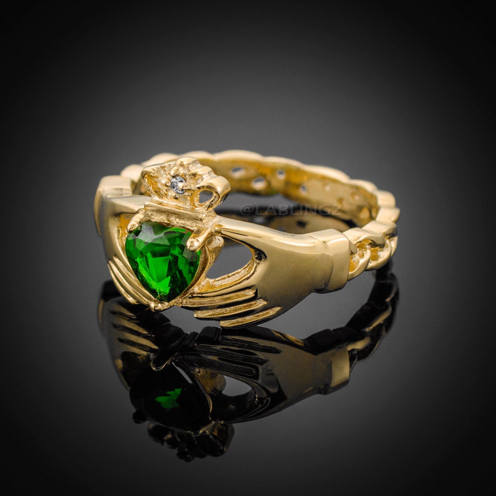 Gold Claddagh Ring - Emerald Green CZ Heart Birthstone Diamond Ring - Celtic Band Claddagh Ring Karma Blingz