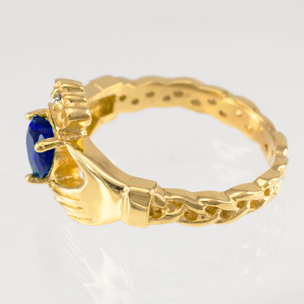 Gold Claddagh Ring - Blue Sapphire CZ Birthstone Diamond Ring - Celtic Band Claddagh Ring Karma Blingz