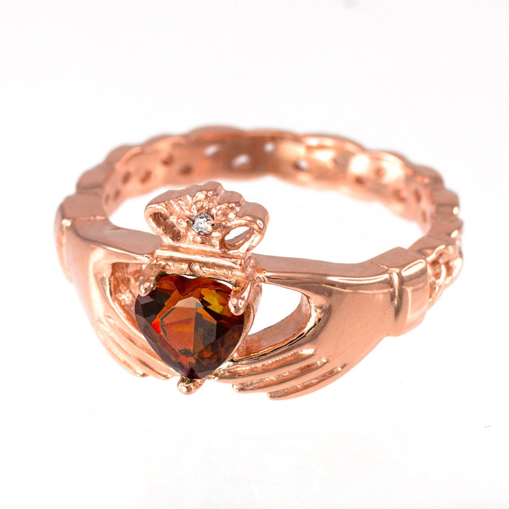 Rose Gold Claddagh Ring - Garnet CZ Birthstone Diamond Ring - Celtic Band Gold Claddagh Ring Karma Blingz