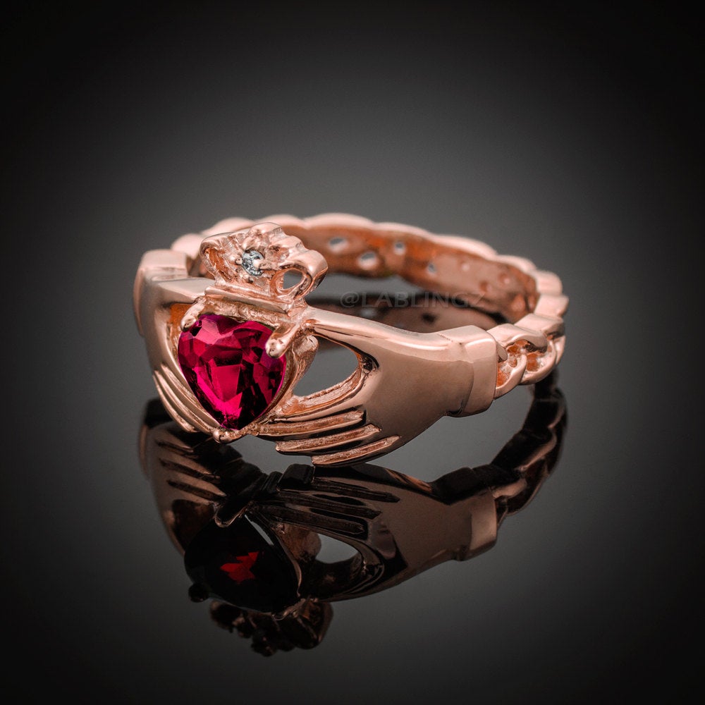 Rose Gold Claddagh Ring - Ruby Red CZ Birthstone Diamond Ring - Celtic Band Claddagh Ring Karma Blingz