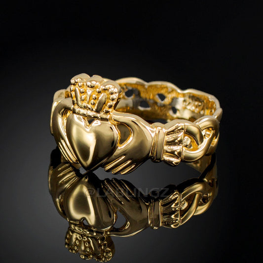 Ladies Yellow Gold Celtic Band Irish Claddagh Ring Karma Blingz