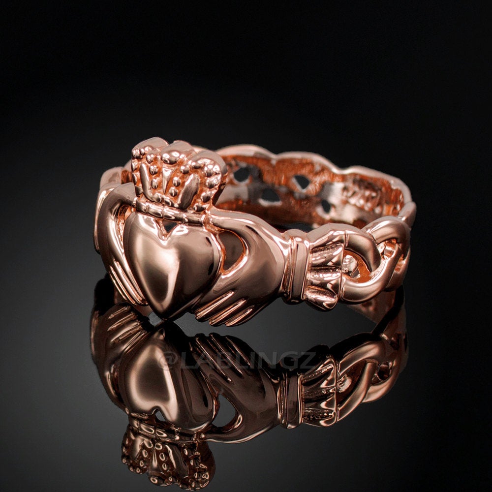 Ladies Rose Gold Celtic Band Irish Claddagh Ring Karma Blingz
