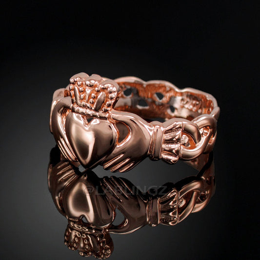Ladies Rose Gold Celtic Band Irish Claddagh Ring Karma Blingz