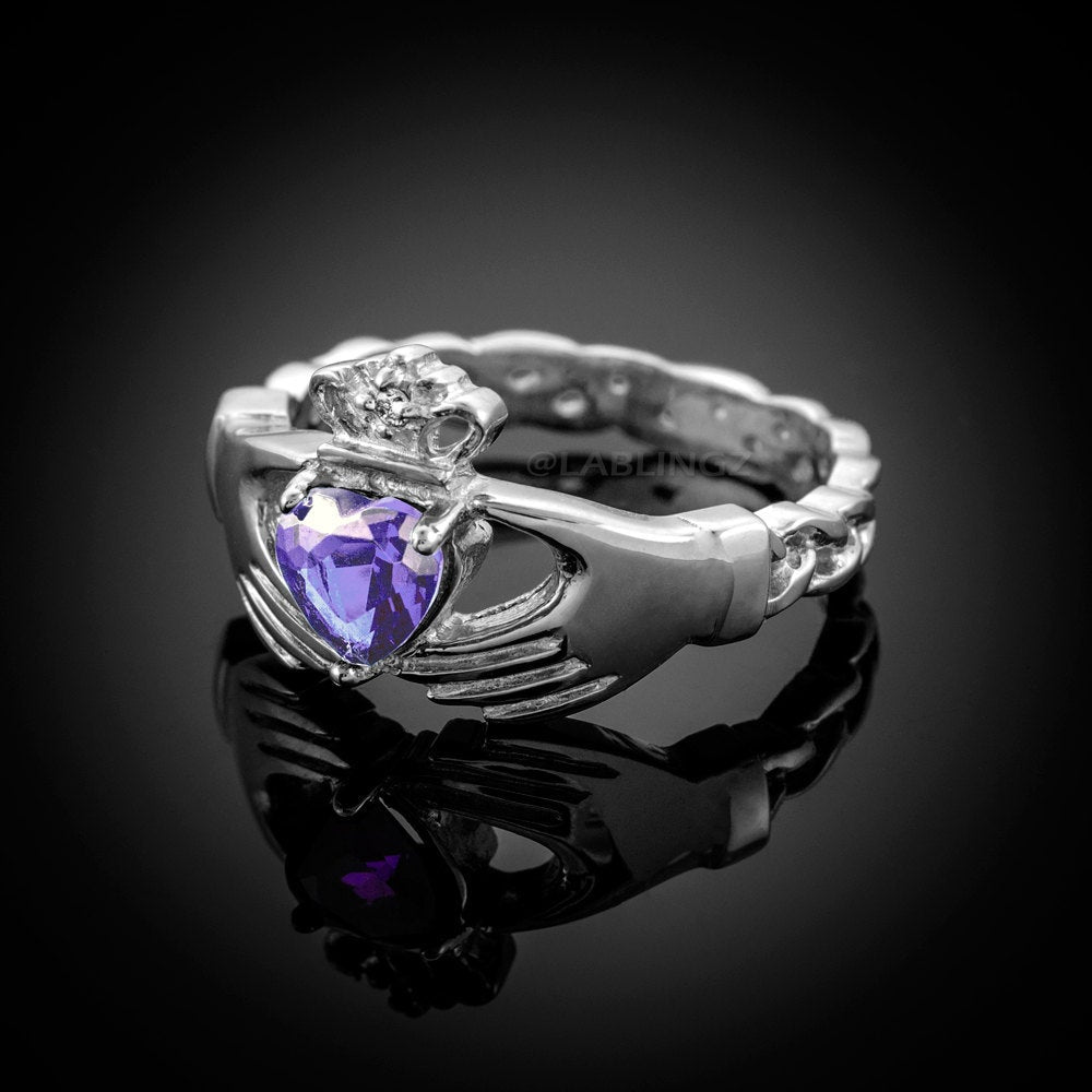 White Gold Irish Claddagh Ring - Amethyst Purple CZ Birthstone Diamond Ring - Celtic Band Claddagh Ring Karma Blingz