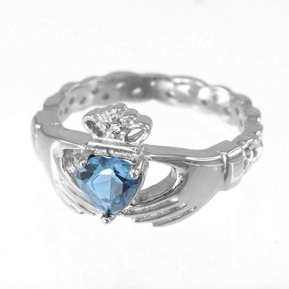 White Gold Irish Claddagh Ring - Aquamarine CZ Birthstone Diamond Ring - Celtic Band Claddagh Ring Karma Blingz